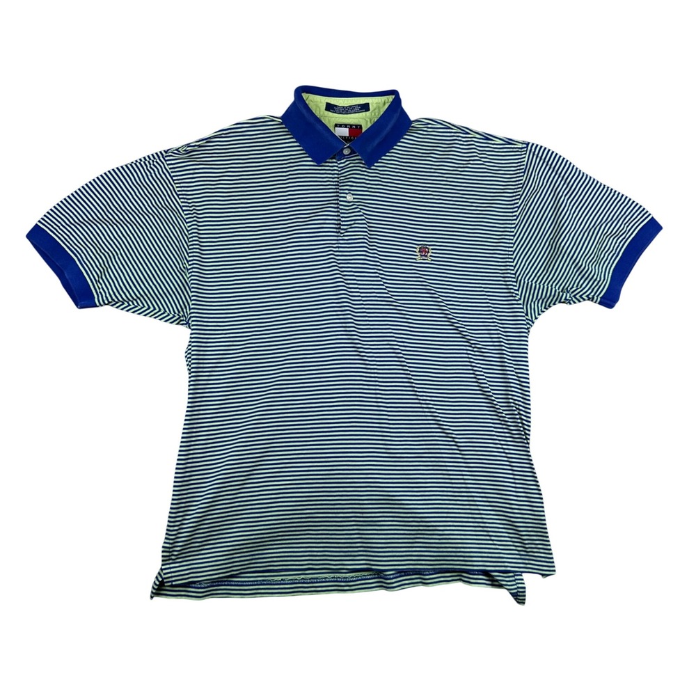 Tommy Hilfiger Mens Polo Shirt Blue Lime Green Striped Crest Logo Short Sleeve M